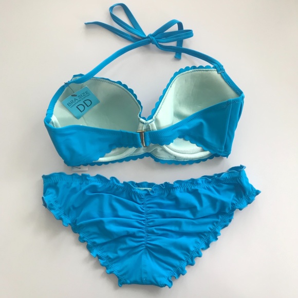 SunDazed 34 DD Bra cup solid turquoise blue underwire top set shirred ruffled - Picture 5 of 10